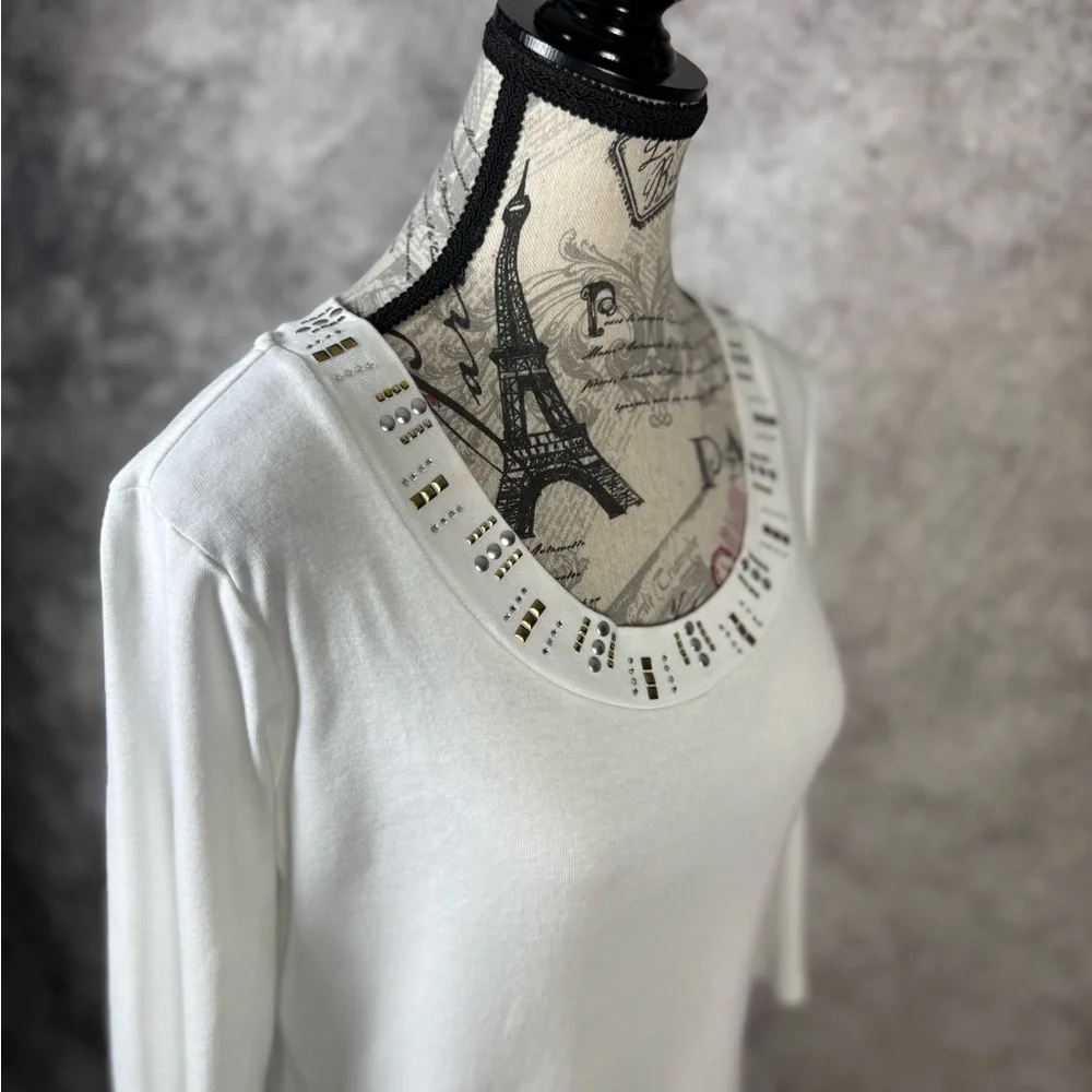 Style & Co. White Cotton Blouse with Silver/Gold Neckline 3/4 Sleeves Size M - Picture 8 of 11